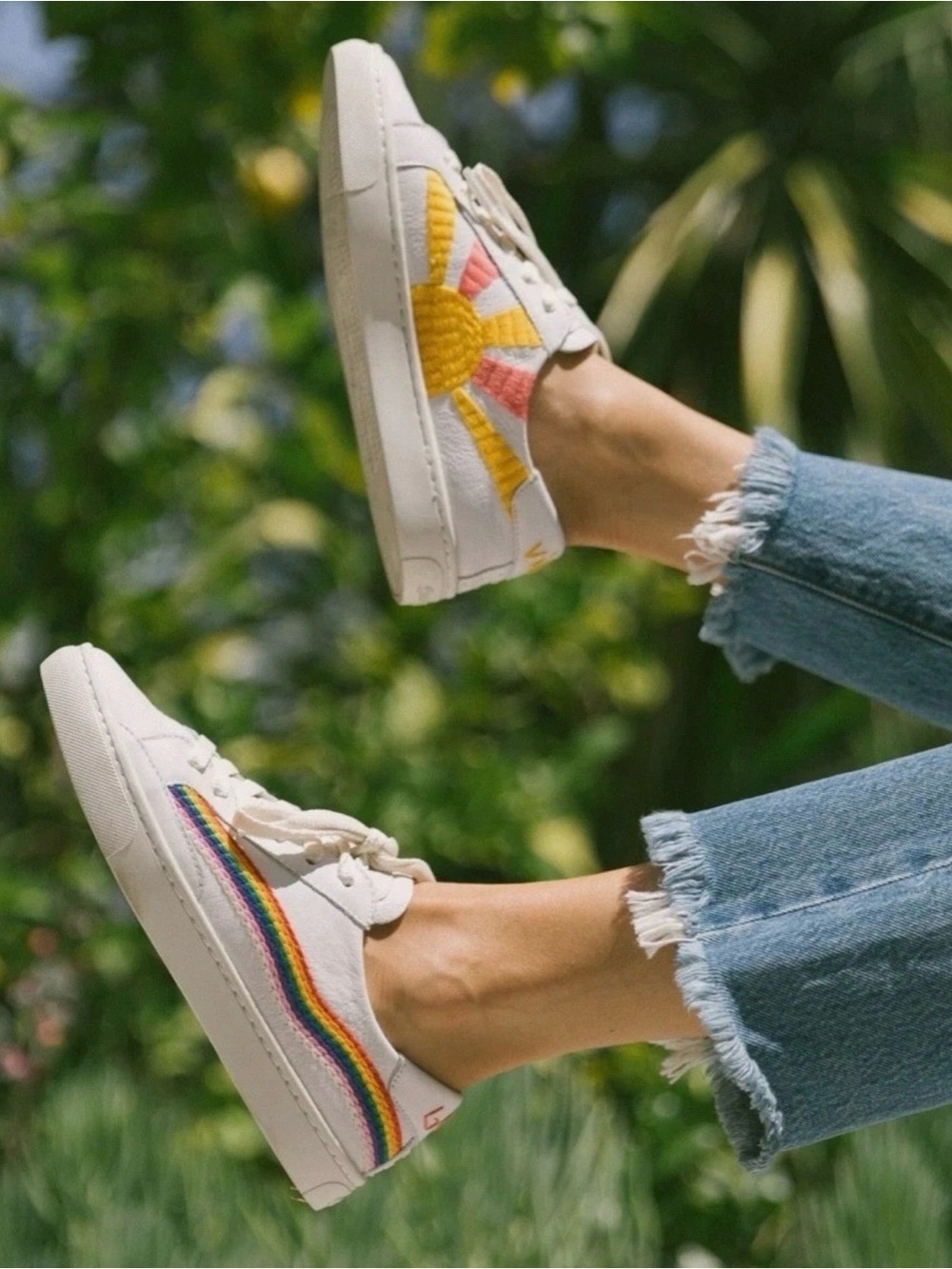 Soludos White Low-Top Sneakers with Rainbow Stripe & Yellow Sun